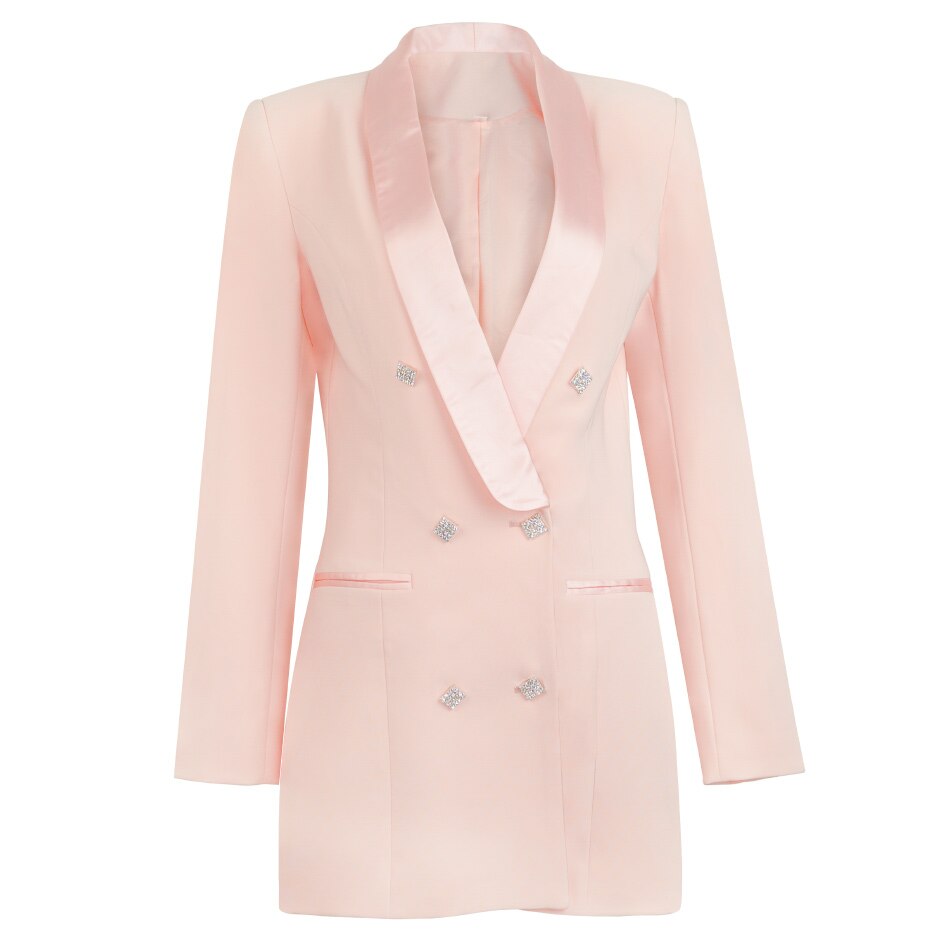 White Satin Lapel Collar Double Breasted Blazer Dress With Rhinestone Insert Crystal Button And Faux Front Pockets