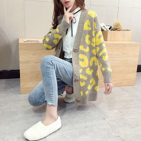 Women Casual Knitted Leopard Sweaters Female V Neck Thick Print Cardigan Coat Loose Button Outwear Tops Autumn Winter