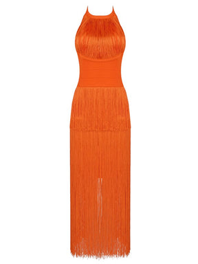 Sexy Sleeveless O Neck Tassel Midi Bodycon Bandage Dress Summer Orange Black Purple Backless Bandage Dress Evening Party Dress