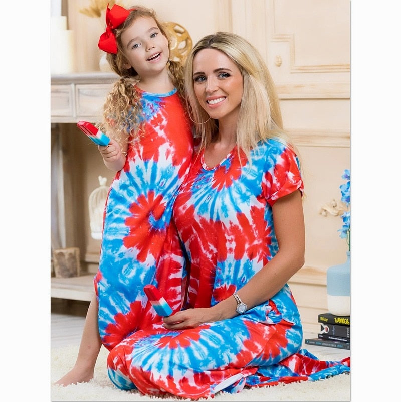 Matching Family Outfits Floral Print Mother and Daughter Bohimian Long Dress Short Sleeve Mommy and Me Clothes Women Girl