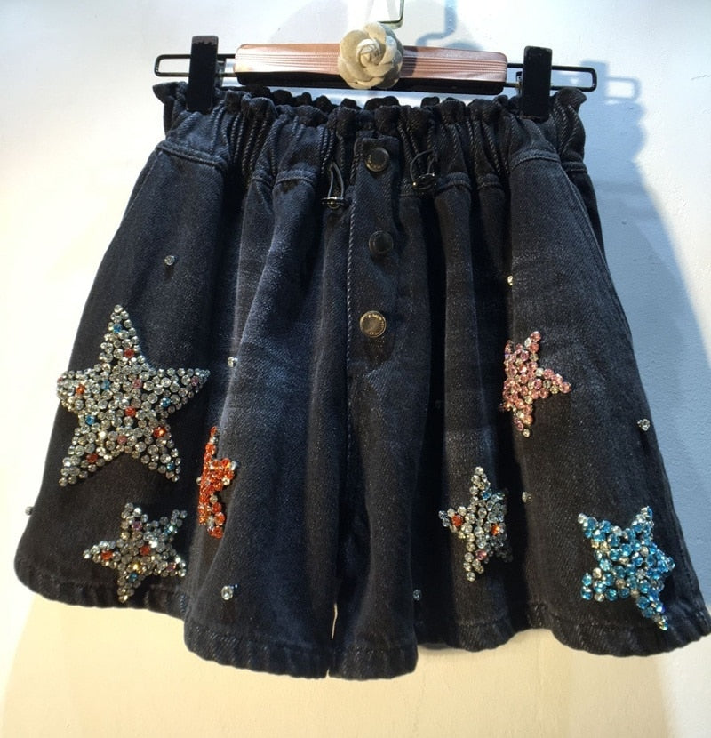 Denim Shorts New High Waist Five Star Diamonds Straight Black Jeans Female Summer 2023