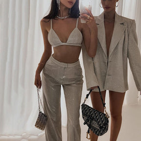 Sexy 2 Two Piece Sets Women Long Sleeve Blazers And Crop Top + Flare Pants Matching Sets Club Outfits Streetwear