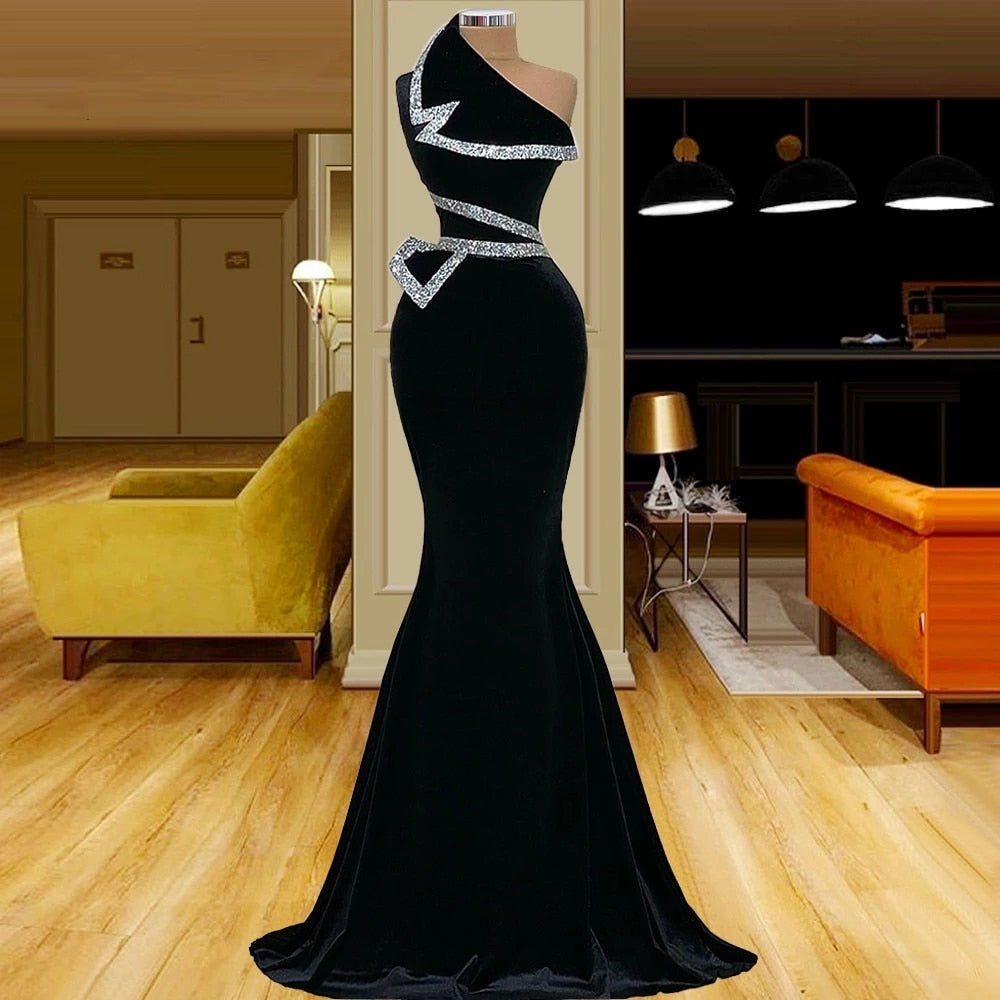 Black Evening Dresses Mermaid One Shoulder Long Prom Gowns Silver