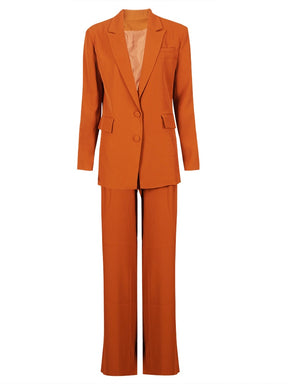 High Quality Women Suit 2 Pieces Set Orange Button Blazer Wide Leg Pants Two piece Set Vintage Jacket Coat High Waist Long Pants