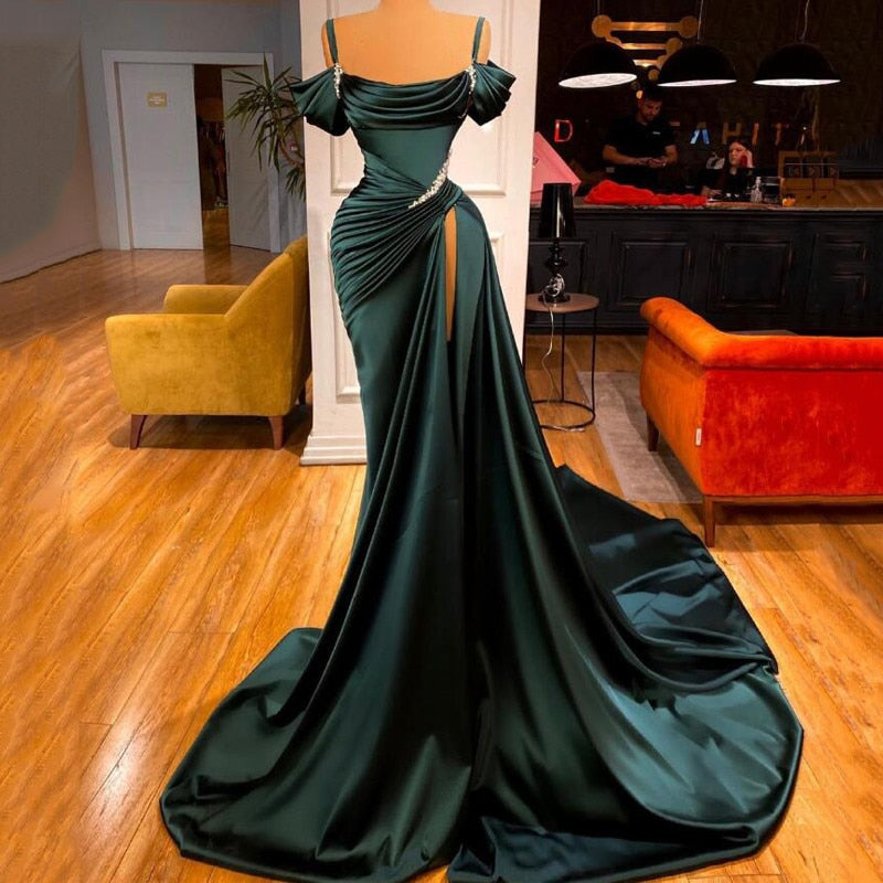 Dark Green Long Mermaid Prom Dress Off Shoulder Sexy Women Formal Party Night Side
