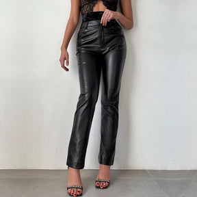 Faux Leather High Waist Pants for Women All Seasons Black Casual Straight Wide Leg Pants Female Streetwear