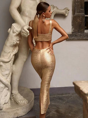Sexy Backless Hollow Out Midi Gold Silver Bronzing Bodycon Bandage Dress  Elegant Evening Club Party
