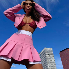 Pleated Skirt Sets for Women Fashion Blue Long Sleeve Blazer Jacket and Mini Skirt Outfit Autumn Winter Y2K Sexy Two Piece Set