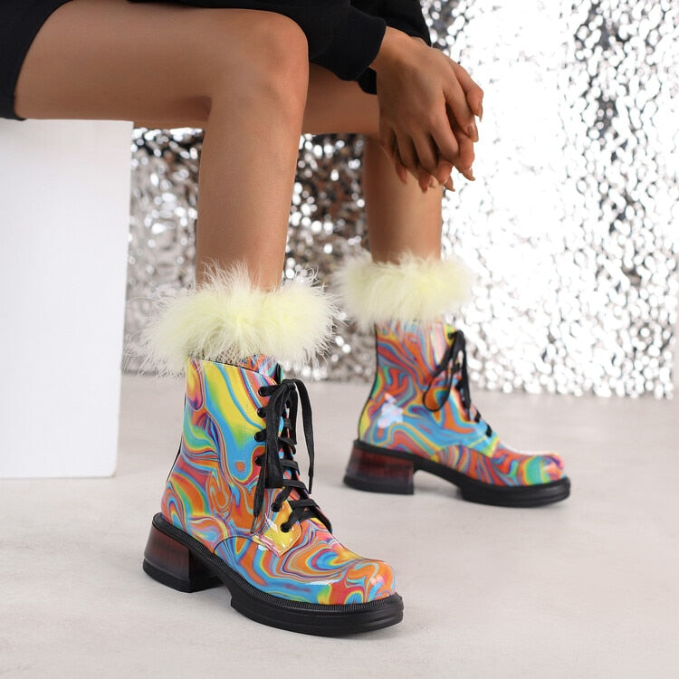 Platform Ankle Boots For Women Girls Lace Up Fashion Mixed Color Rainbow Boots  Winter Autumn Shoes Chunky Heel
