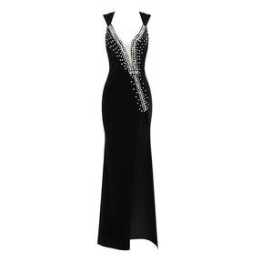 VC Black Velvet Long Dress Women Crystal Design High Slit Sexy Dress Fashion Catwalk Wear 2022 Summer Hot Sale