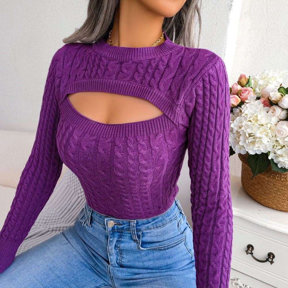 Fashion Cutout Twist Long Sleeve Sweater For Ladies Solid Color Slim All Match Knitted Tops