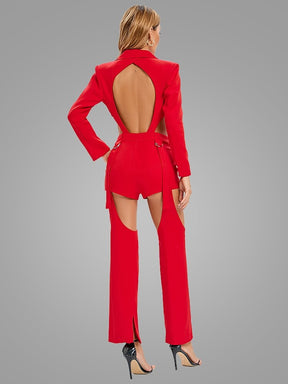 Sexy V-Neck Long Sleeve Blazer Coat + Long/Short Pants Detachable 3 Piece Set BodySuit Red Orange Cutout Trouser Blazer Runway