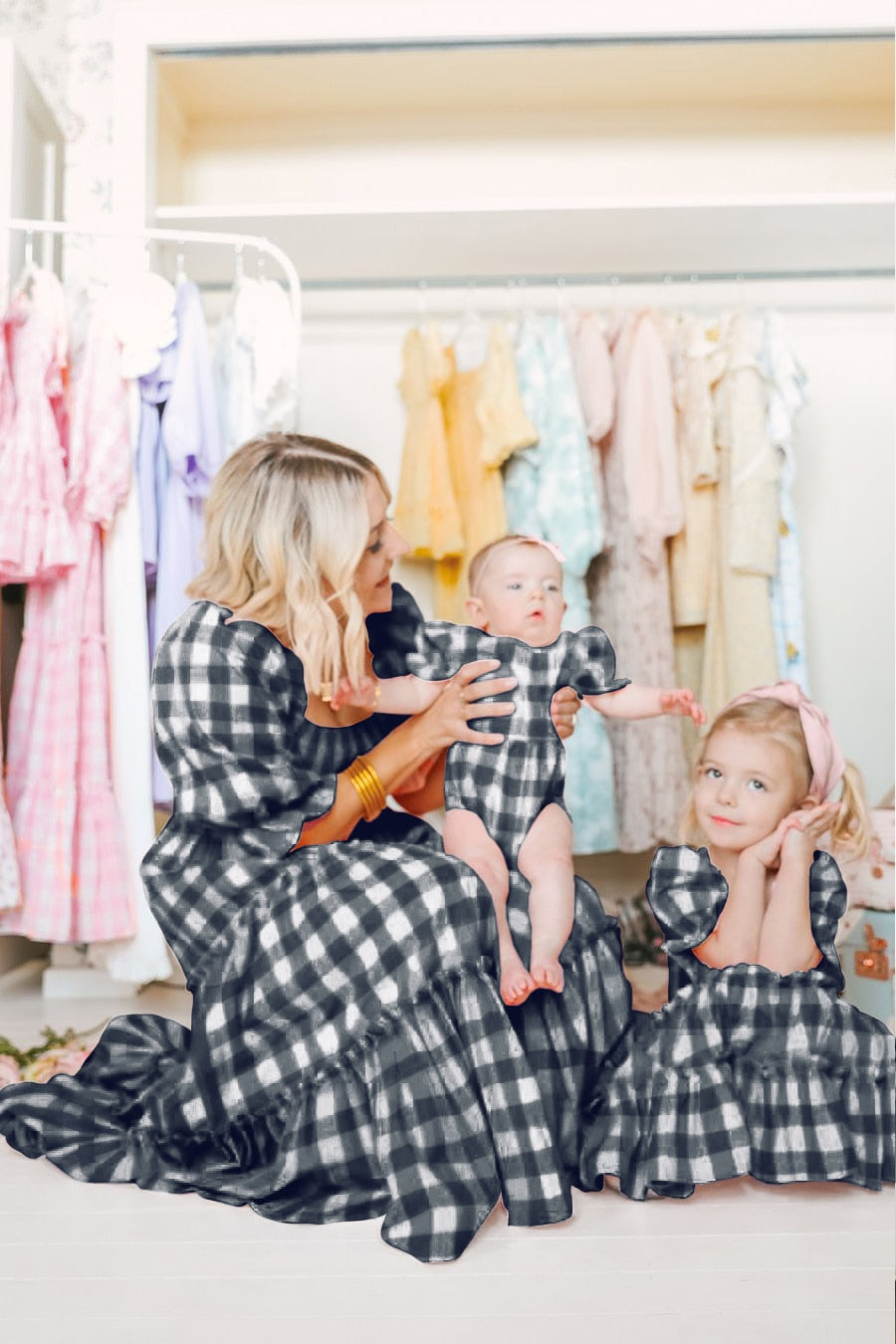 Mother Daughter Matching Dresses Grid Print Family Look Mommy and Me Clothes Outfits Mom Mum Baby Women Girls Dress