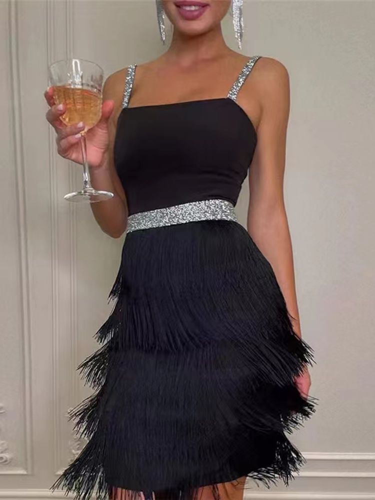 Sexy Spaghetti Straps Tassel Bandage Dress Women Elegant Sleeveless Diamonds Tassel Bodycon Mini Dress Celebrity Party Club Dres
