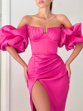 Sexy Off Shoulder Puff Sleeves Bandage Dress Elegant Rose Red Side Slit Draped Midi Bodycon Dress Celebrity Evening Party Club