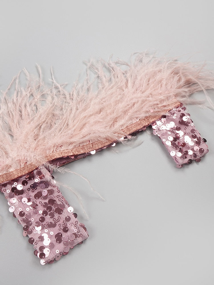 Party Dress Women Fashion Catwalk Wear Feather Sequin Design Pink Mini Dress 2022 Autumn New Trendy