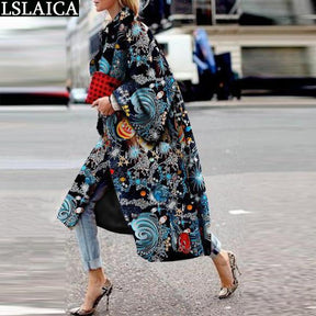 Casual Lapel Trench Coat For Women Autumn Winter Fashion Print Loose Warm Long coat High Street Style Ladies Overcoats