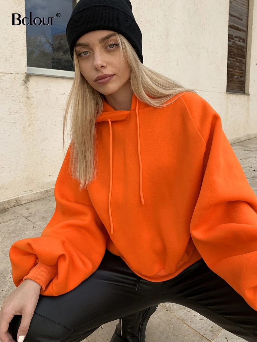 Bclout Winter Orange Warm Hoodies Women Fashion Knitted Long Sleeve Streetwear Loose Hoodies Casual Lace-Up Sport Thick Hoodies