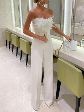 Elegant New Female Jumpsuit Feather Bra Sexy Birthday Club Wear White Maxi White Black Blue Pink Jumpsuit