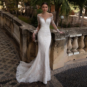 Gorgeous Mermaid Wedding Dress  Lace Appliques Beaded Long Sleeve Illusion Bridal Gown Robe De Mariée Court Train Sweetheart