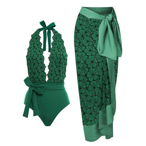 Vintage Swimsuit Green Swimwear Deep V Holiday Beachwear Designer Bathing Suit Beach Skirt Summer Surf Wear