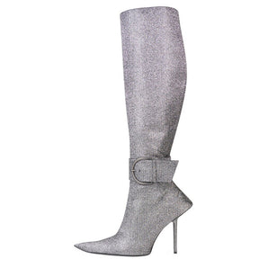 Fashion Style New Women Knee Stilettos Boots Sexy Boots Pointed Toe Party Shoes Ankle Big Buckle Strap Zipper Party