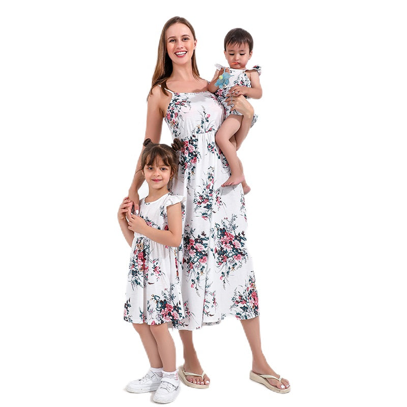 Flower Mommy and Me Dresses Family Set Mom Baby Mother Daughter Matching Clothes Sleeveless Women Girls Long Dress Infant Romper