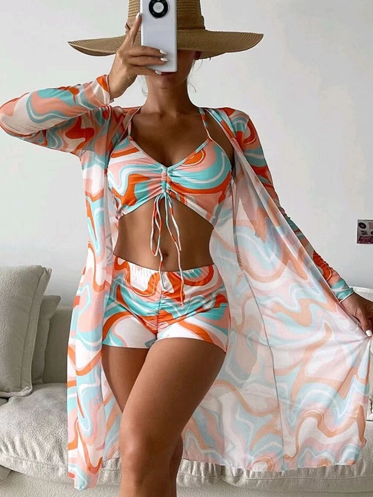 Tropical Allover Print Bikini 3pack Drawstring Ruched Cover Up Women Swimsuit 2023 Long Sleeve Swimwear Beach Wear Bathing Suit