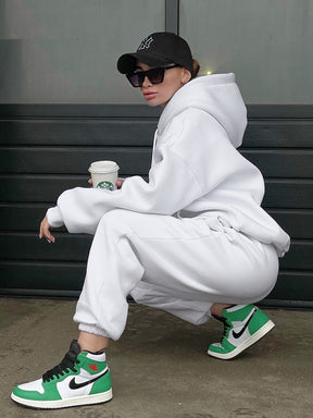 Winter White Pants Two Piece Sets Womens Outfits Fashion Long Sleeve Warm Loose Hoodies Sport Pencil Pants Suits Fleece