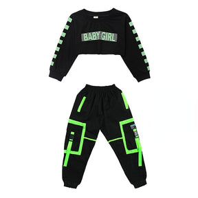 Girls Hip Hop Cargo Pants Goth Crop Top 2 Pcs Set Sweatshirt Children Street Dance Clothing Kids Jazz Gothic Costumes Streetwear