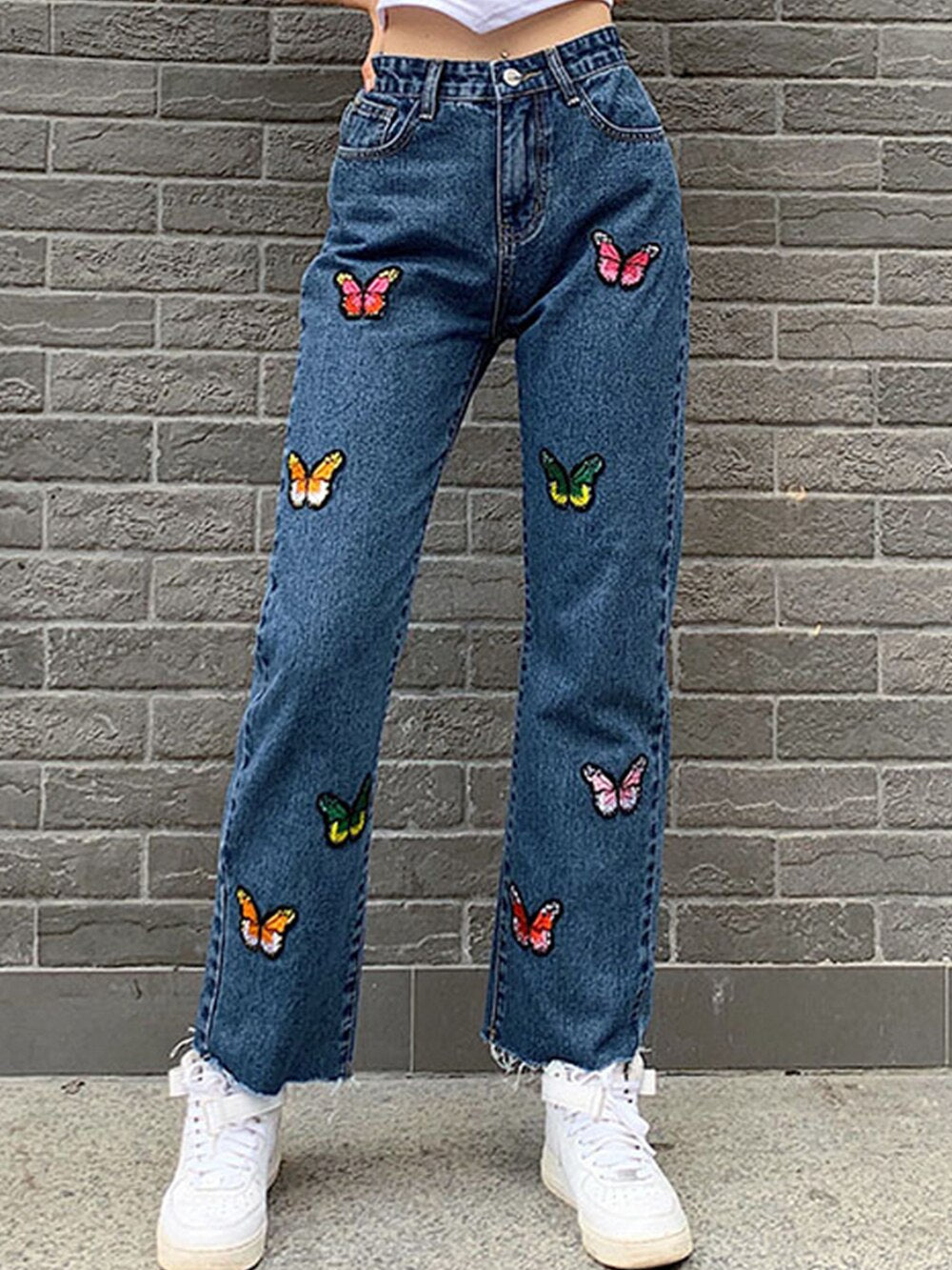 Butterfly Embroidery Women Jeans Summer Autumn Vintage Long Pant High Waist Denim Trousers Casual Straight Female Jeans Cute