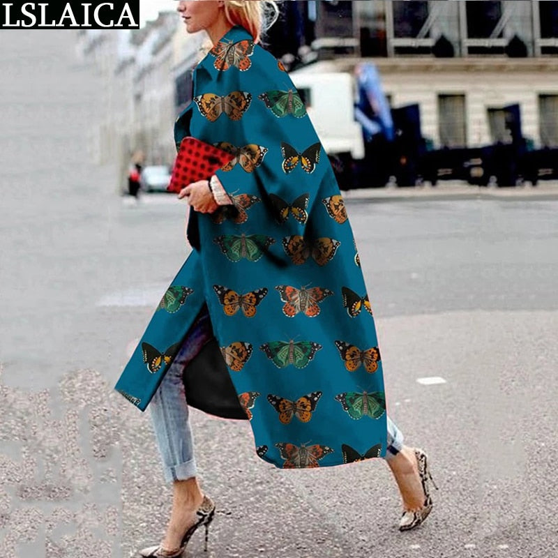 Casual Lapel Trench Coat For Women Autumn Winter Fashion Print Loose Warm Long coat High Street Style Ladies Overcoats