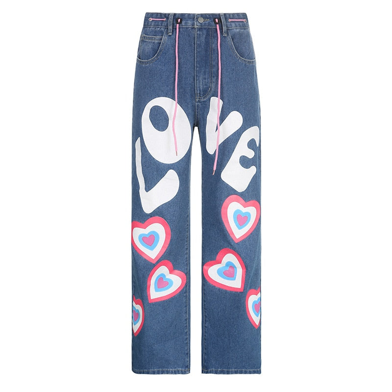 Graphic Baggy Jeans Low Waist Women Pants Streetwear 90s Girls Denim Trousers Vintage Wide Leg Pants