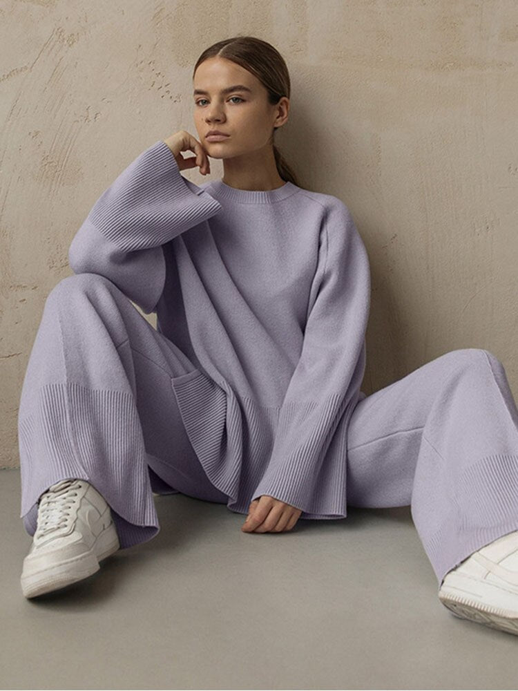 Women Knitted Pants Sets Lilac Casual Loose Two Piece Sweater Sets 2022 Autumn Winter Sweater Pullover and Wide Leg Pants Suits
