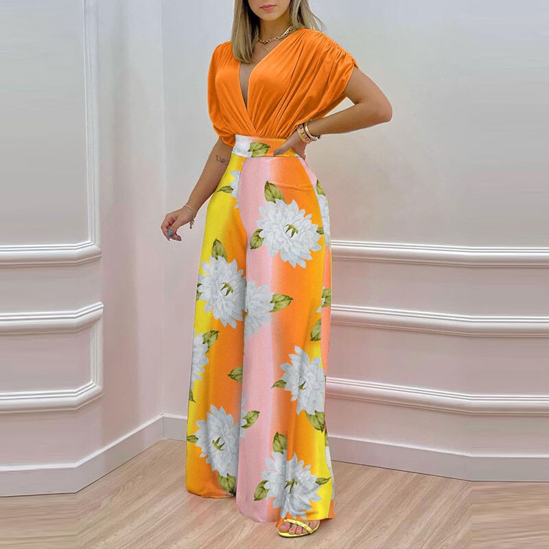 Matching Set  Length Loose Outfits Summer Pullover Tops Wide Leg Pants Print Suit