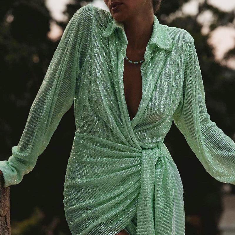 Elegant Sequined Mini Dress Autumn Long Sleeve Bodycon Shirts Dress Sexy V Neck Wrap Green Party Dress Clubwear