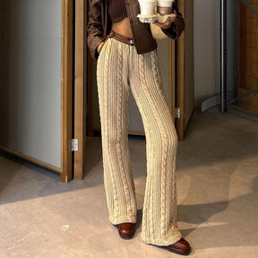 Fashion Cable Knit Pants Women High Waisted Khaki Straight Leg Trousers Streetwear Bottoms