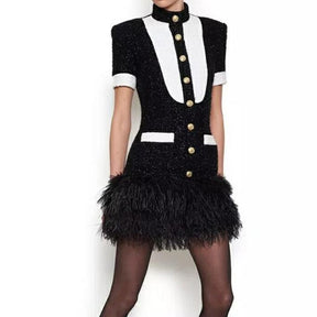 New Designer Real Feathers Dress Runway Black White Patchwork Tassel Mini Gold Lion Button Short Sleeve  Dress Drop Shipping