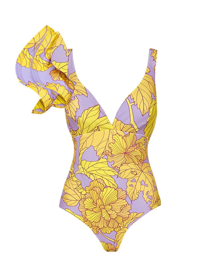 Women Fashion Colorblock Holiday Beach Dress Yellow Asymmetrical Swimwear Printed Petal Trim One Piece Swimsuits and Cover-Ups