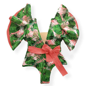 Floral Printed Deep V-neck Ruffle Swimsuit Push Up One Piece Swimsuit Beach Wear Backless Monokini Beach Wear Swim Suit