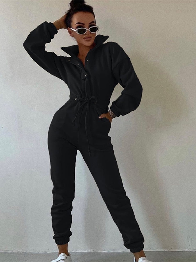 Fashion Women Drawstring One Piece Jumpsuit Chic Button Long Sleeve Streetwear Outfits 2022 Winter Lady Casual Loose Sport Sets