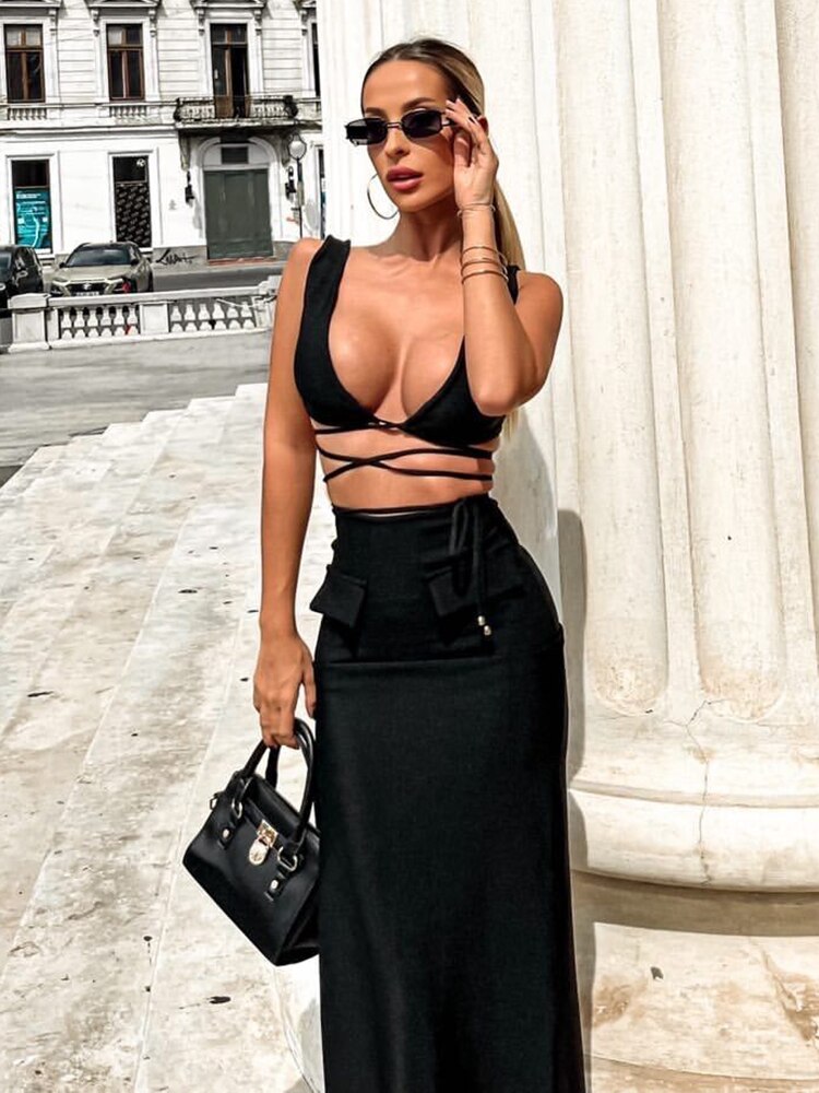 VC Beach Two Piece Set Women Sexy Straight Split Long Skirts Backless Cropped Corset Top 2022 Summer Holiday Wear