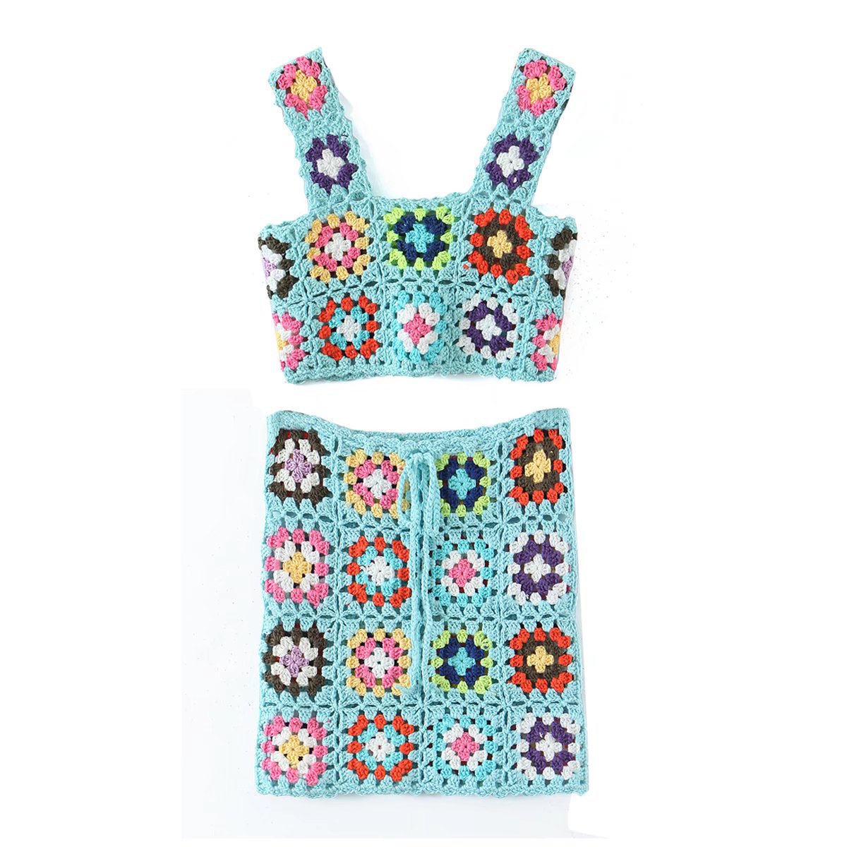 Women Crochet Beach BOHO Bohemian Handmade Flower Mini Skirt Tank Top Set