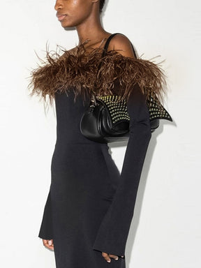 Elegant Feather Strapless Backless Midi Dress For Women Robe Fashion Off-shoulder Full Sleeve Long Dress Vestido