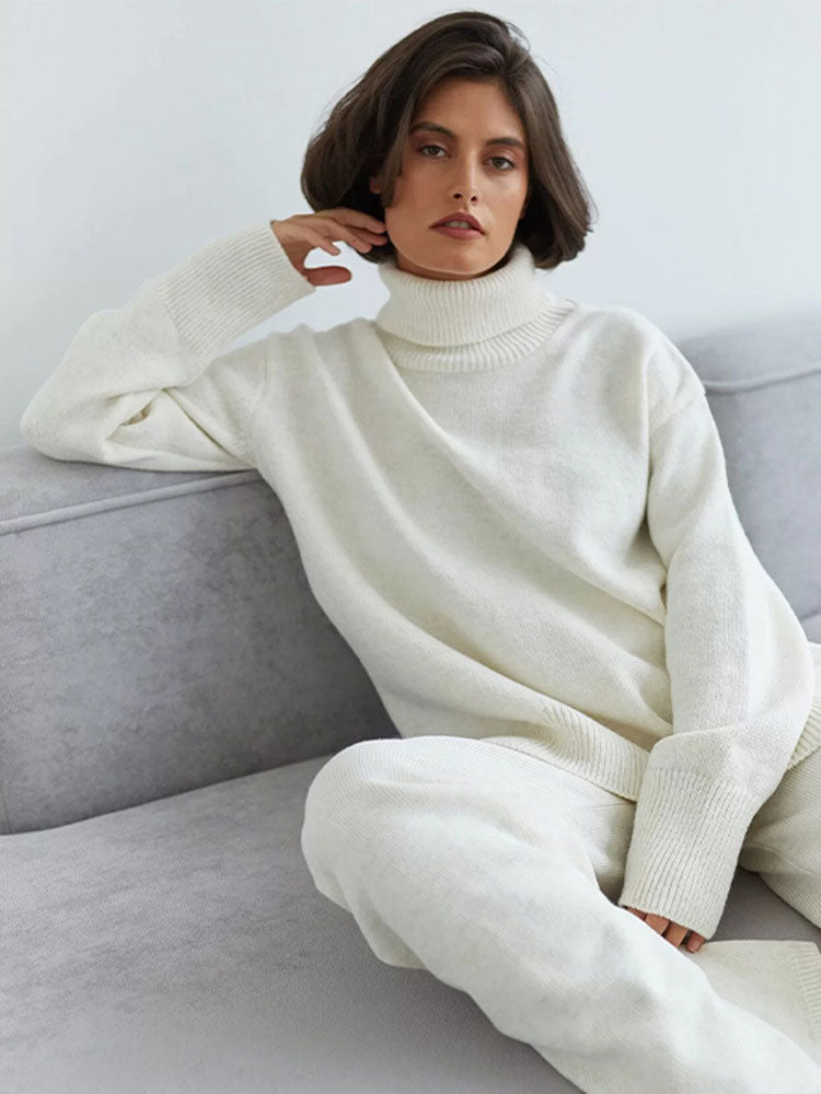 Women Warm Turtleneck Knitted Two Piece Sets  Solid High Collar Pullovers And Wide Legs Pants Suit Autumn Winter LadyOutfits