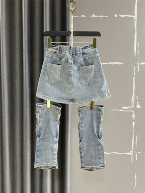 2 Pcs Set Slim High Waist Short A-line Denim Skirts Spliced Folds Trouser Legs Suit Spring 2023