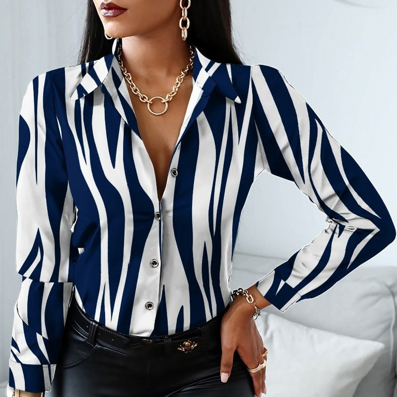 Vintage Print Blouses Striped Floral Leopard Shirts Office Lady Print Blouse Spring Fashion Button Long Sleeve Women Tops 18972