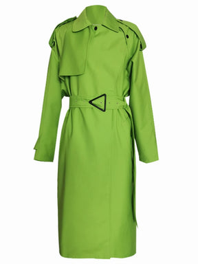 Long Oversized Bright Green Faux Leather Trench Coat for Women Belt Loose Stylish Luxury Designer Clothing