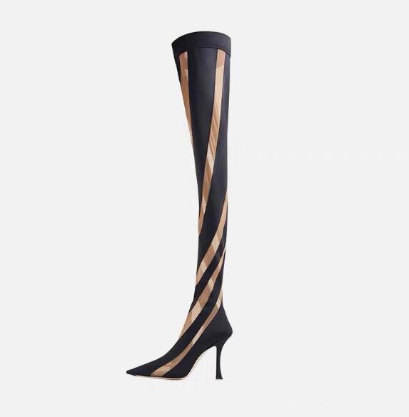 Design Women Black Mesh Paneled Over The Knee Sock Boots Female Slim Stiletto High Heels Thigh Tall Elastic Long Boots Shoes