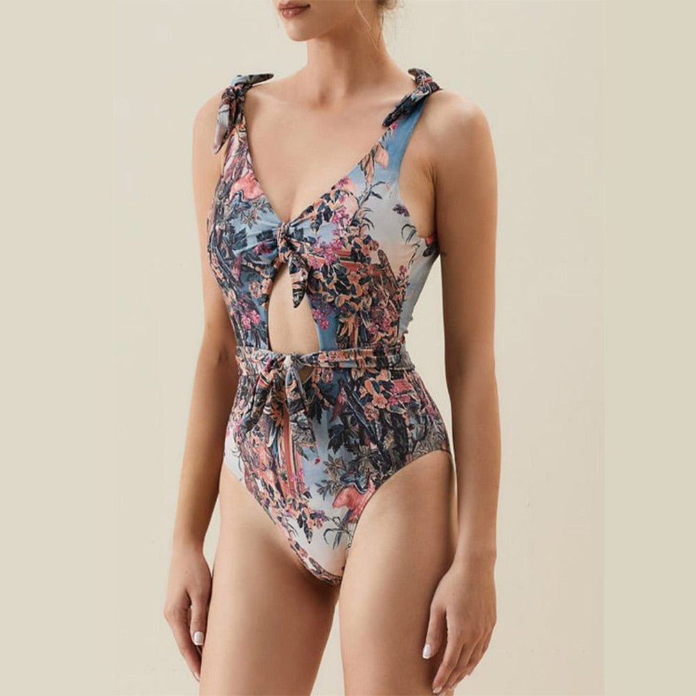 Female Retro Swimwear Fashion Print Tie One Piece Swimsuit Deep V Beachwear Pants Designer Bathing Suit Summer Surf Wear